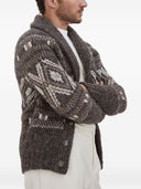 Brunello Cucinelli Alpaka-, Schurwoll- und Kaschmir-Cardigan mit geometrischem Jacquardmuster und Metallknöpfen