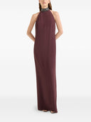 Vestido halter Brunello Cucinelli em crepe cady de seda e acetato com gola preciosa bordada com miçangas
