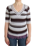 Striped V-Neck Knit Top with Lace Hem