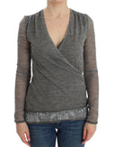 Elegant Gray Wool Blend Deep V-neck Sweater