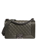 Dark Green Leather Shoulder Bag Gray Metal Purse Bag Chanel