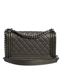 Dark Green Leather Shoulder Bag Gray Metal Purse Bag Chanel