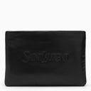 Bolsa clutch preta acolchoada de couro Saint Laurent com logo