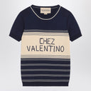 Blue ribbed top with Chez Valentino embroidery