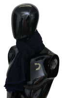 Dark Blue Wool Unisex Neck Wrap Fringes Logo Scarf