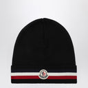 Moncler Black wool beanie with tricolor band