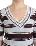 Striped V-Neck Knit Top with Lace Hem