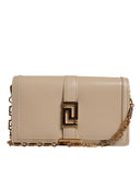 Beige Gold Chain Calf Leather Wallet Crossbody Bag