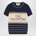 Blue ribbed top with Chez Valentino embroidery