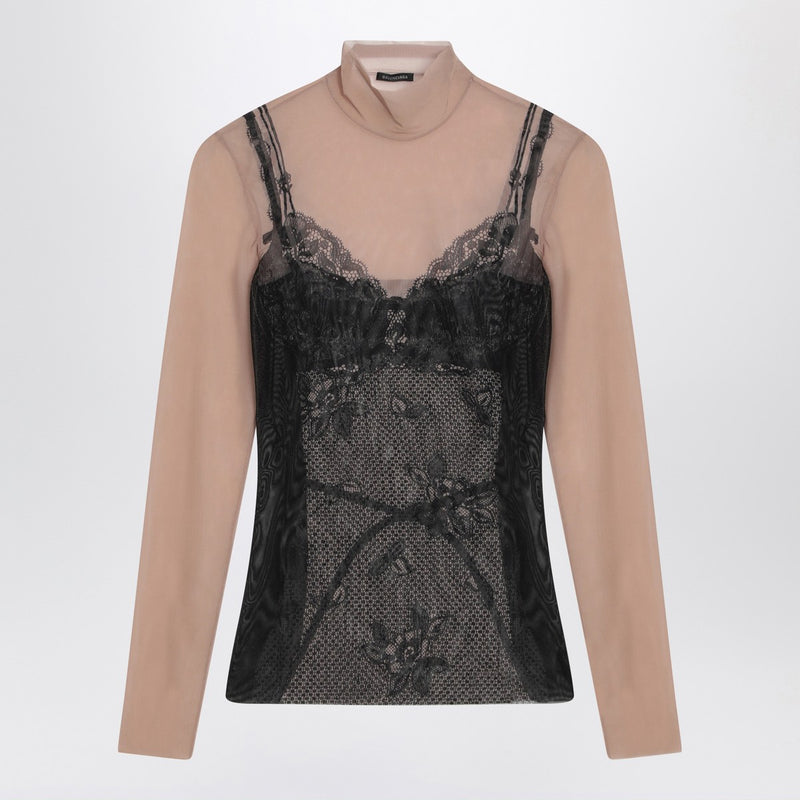 Balenciaga Schwarzes und hellbeiges Trompe-l’Œil-Lingerie-Top