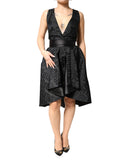 Black Jacquard Deep V-neck Sleeveless 2 Pc Dress